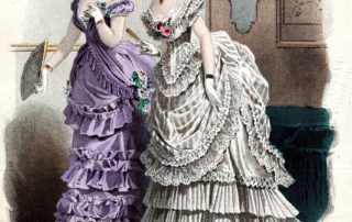 Two Victorian women in side view dressed for the evening looking over their shoulders