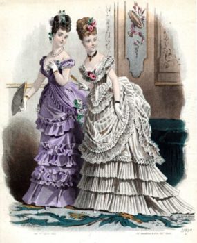 Two Victorian women in side view dressed for the evening looking over their shoulders