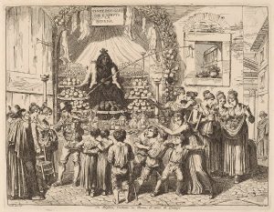 etching of La Befana surrounded by children and women holding gifts, circa 1821