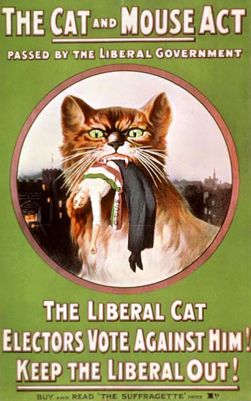 Poster of a cat holding a suffragette in its mouth like a mouse. "The Cat and Mouse Act" is written across the top.