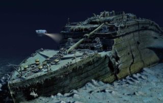 The wreck of the Titanic on the ocean floor.