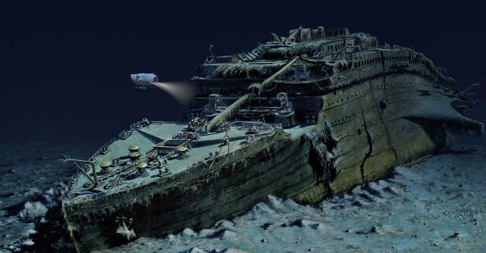 The wreck of the Titanic on the ocean floor.