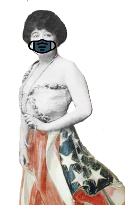 Historical of image of Margaret Brown clutching the pearl necklace she is wearing. Image has been altered so that the skirt of her gown is now made of the American Flag and she is wearing a mask.