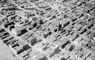 Aerial image of Denver's downtown, including the D&F Clocktower. Black and white photograph