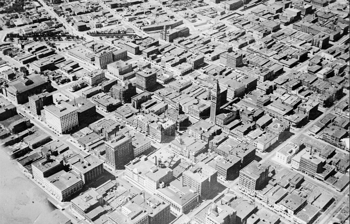 Aerial image of Denver's downtown, including the D&F Clocktower. Black and white photograph