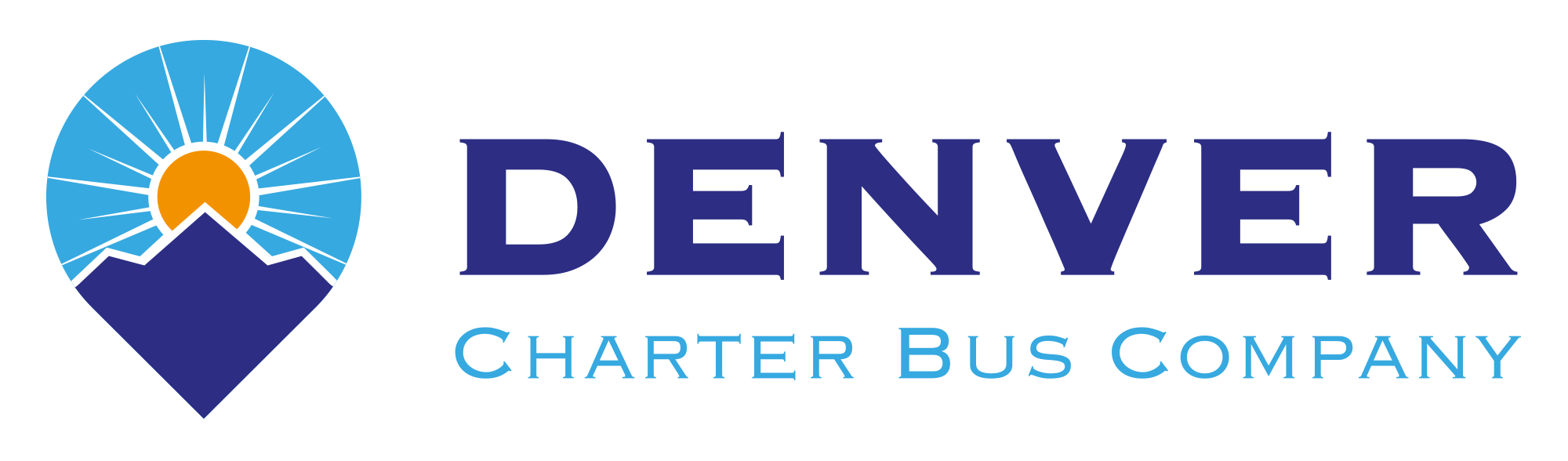 Logo of digital pin with yellow sun rising over blue mountains to the left of the words Denver Charter Bus Company