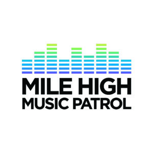 Mile High Music Patrol logo; black letters against white background with stacks of purple, blue, and gfreen bricks resembling city skyline above name