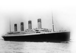 Black and white photo of the Titanic