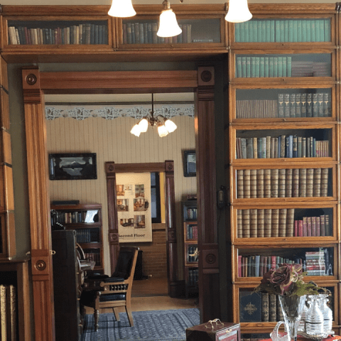 a living room with a book shelf
