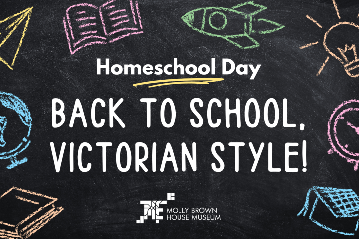 Chalkboard with 'Homeschool Day: Back to School, Victorian Style!' and educational drawings.