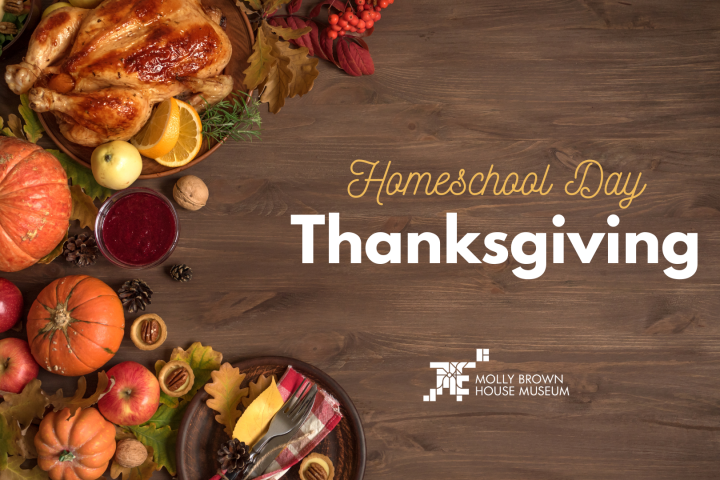 Thanksgiving feast with pumpkins and turkey beside text 'Homeschool Day Thanksgiving' on wooden background.