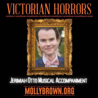 Victorian Horrors event poster with framed portrait of a person and text about musical accompaniment by Jerimiah Otto.