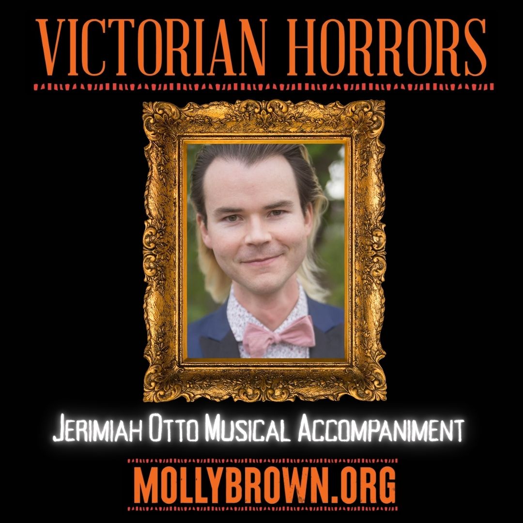 Victorian Horrors event poster with framed portrait of a person and text about musical accompaniment by Jerimiah Otto.