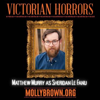 Poster for 'Victorian Horrors' with a bearded man in a golden frame.