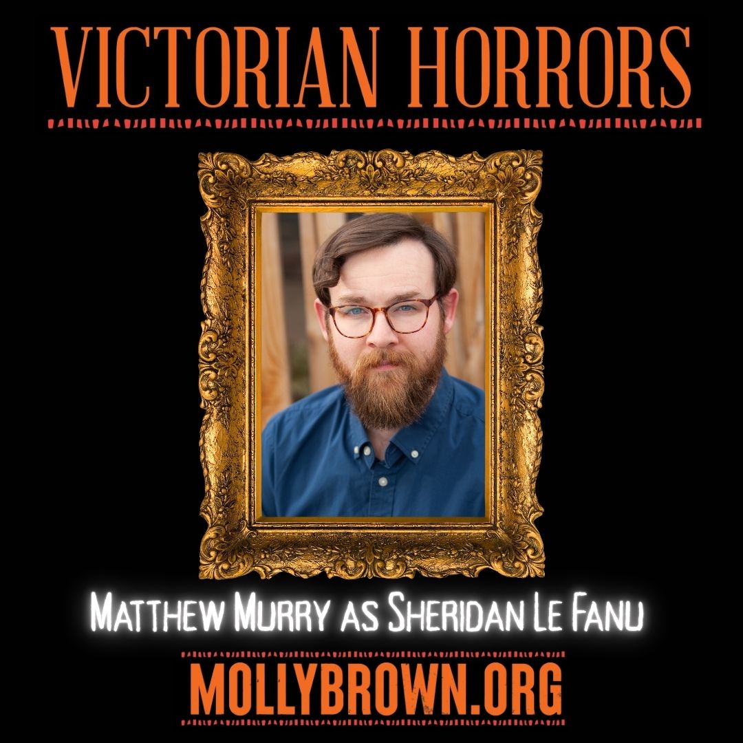 Poster for 'Victorian Horrors' with a bearded man in a golden frame.