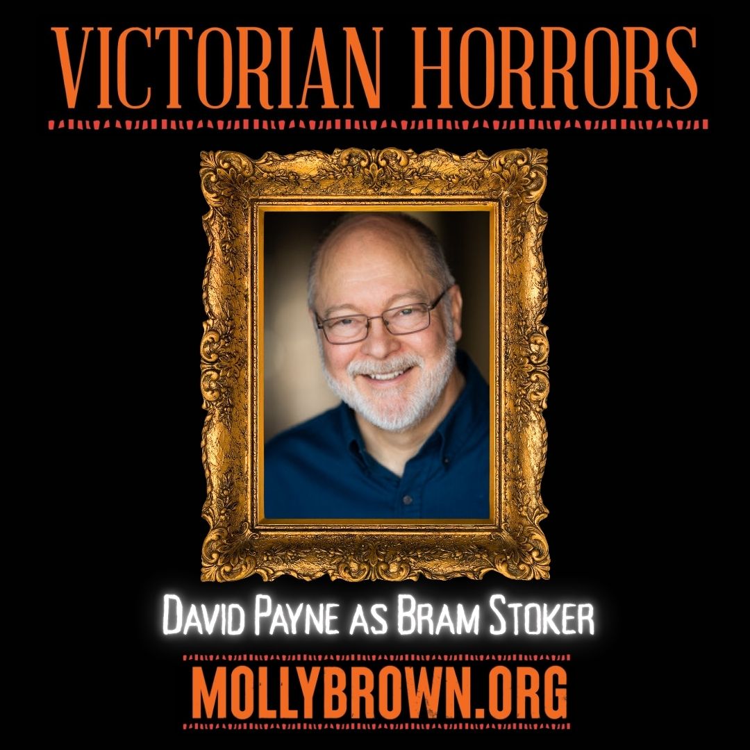 Man smiling in ornate frame with 'Victorian Horrors' and website text on black background.