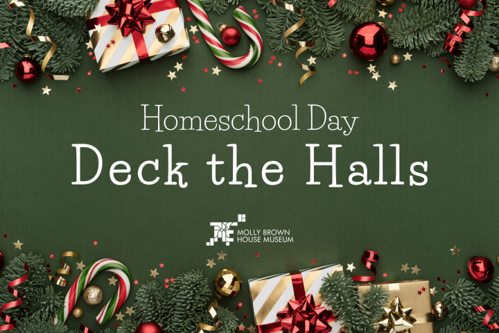 Decorative text 'Homeschool Day: Deck the Halls' surrounded by holiday ornaments and gifts on green background.