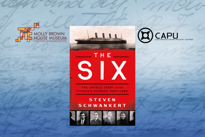 Book cover titled 'The Six' with Titanic image, museum logos on background.