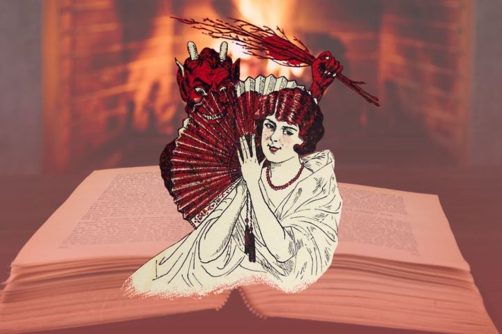 Illustration of woman with fan and devil mask, set against open book and fireplace.