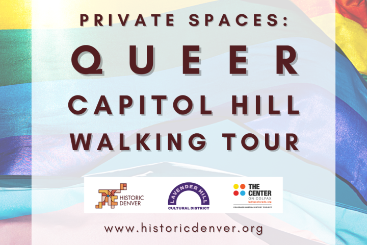 Flyer for Queer Capitol Hill Walking Tour with rainbow flag background.