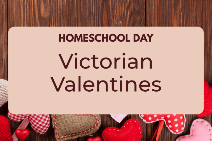 Hearts on wood with 'Homeschool Day Victorian Valentines' text on a pink rectangle.